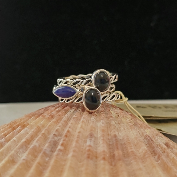 Barse Sterling Set of 3 Onyx & Lapis Stack Rings NWT - Picture 2 of 16